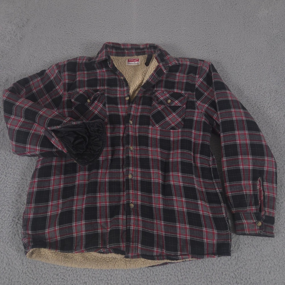 Wrangler Shacket Mens Large Black Windowpane Flannel Sherpa Lined Shirt Jacket